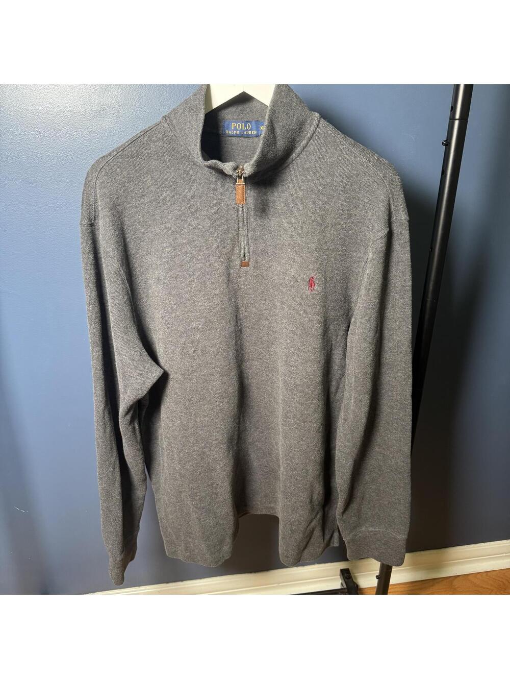 Polo Ralph Lauren Quarter Zip Sweater XL Gray Cotton Knit Pullover Pony Logo - Picture 2 of 8